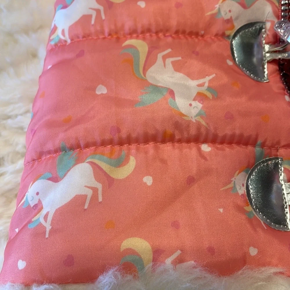 LITTLE LASS unicorn hooded puffer vest toddler girls faux fur trim zipped 3T